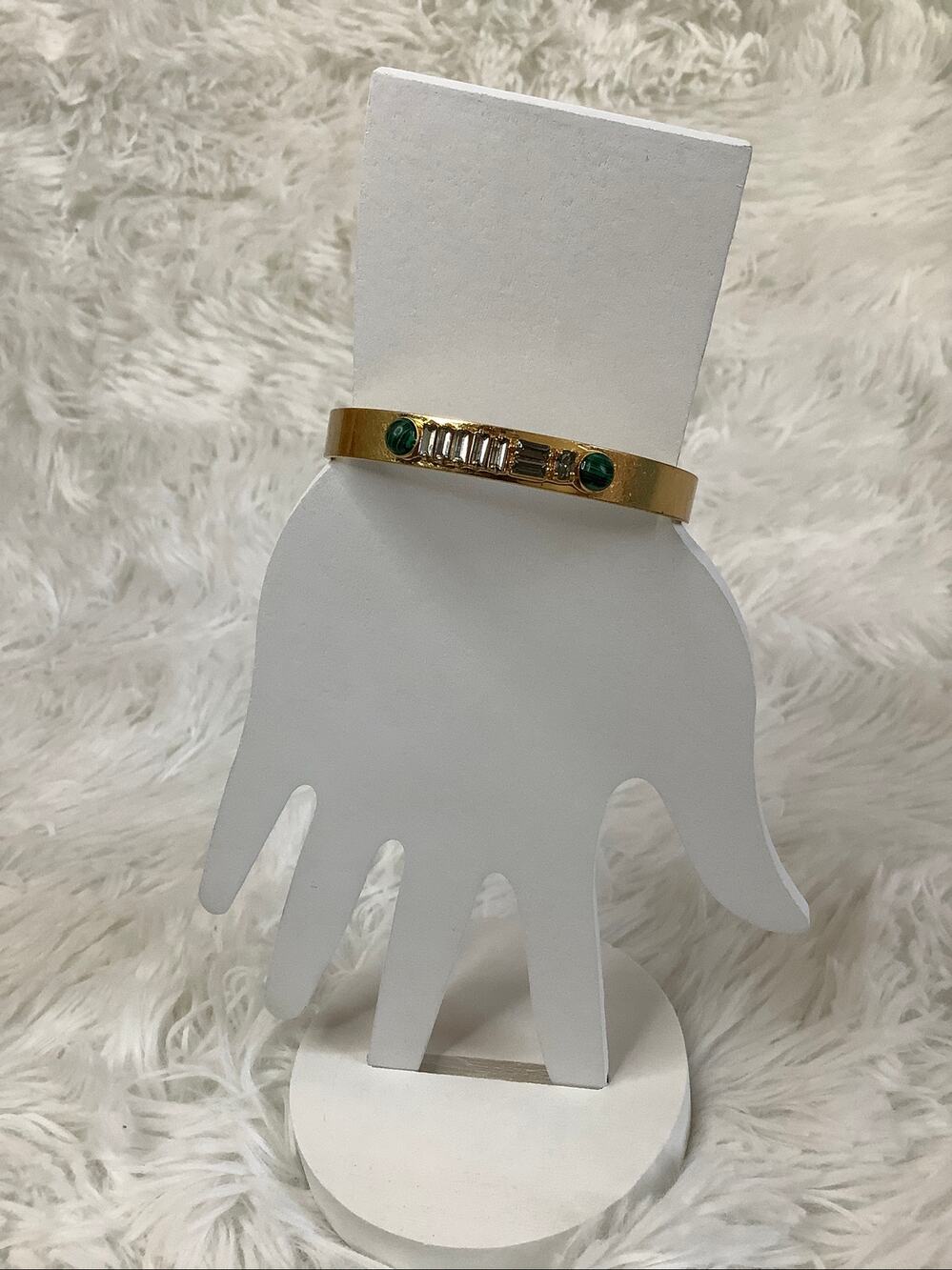 Madewell Gold Tone Baguette Rhinestones Green Faux Jade Bangle Bracelet A5-2
